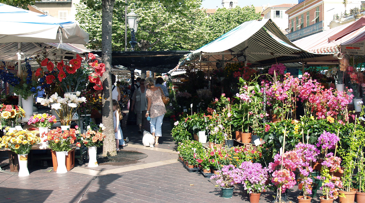 Cut flowers for sale and plants in pots on display in a market square, with people shopping under market awnings on a summer’s day